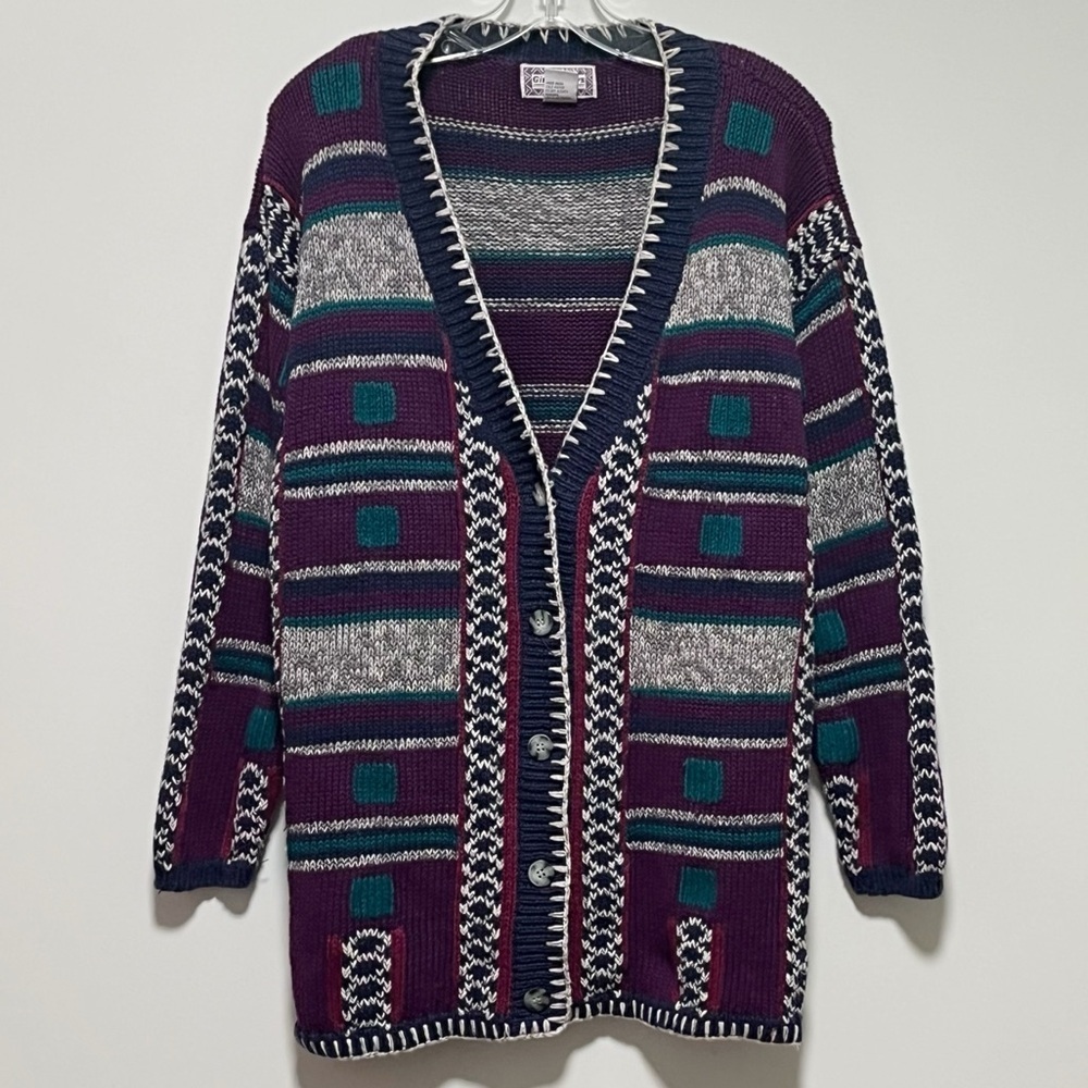 Gina Peters Vintage Geometric Purple Button Down chunky knit Cardigan
Sweater